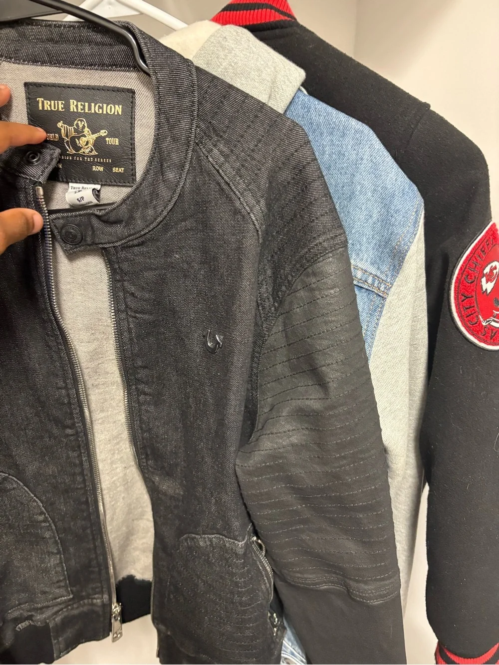 True Religion Black Denim Bomber Jacket with Quilted Sleeves